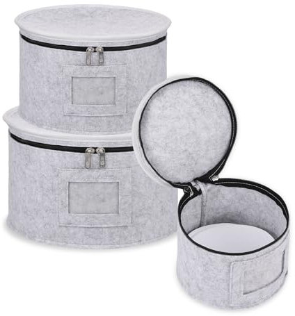 LuLobtg 3Pcs China Storage Container with Lid 7.1/8.5/10inch Felt Plate Dish Holder with 36 Divider Camping Dinnerware Organiser Dustproof Picnic Glassware Bag for Moving Transporting