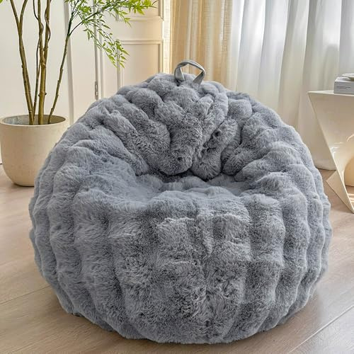 LIFEREVO Kids Fluffy Faux Rabbit Fur Bean Bag Cover (No Filler), Soft Stuffed Fuzzy Animal Storage Bubble Bean Bag for Plush Toys, Gray Cute Shaggy Furry Beanbag Cover Kids Girls Adults, Light Grey