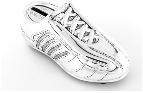 Go Find A Gift Alcancía con diseño de bota de fútbol chapada en plata, regalo de bautizo para niño o niña, regalo de bautizo grabado personalizado, recuerdo