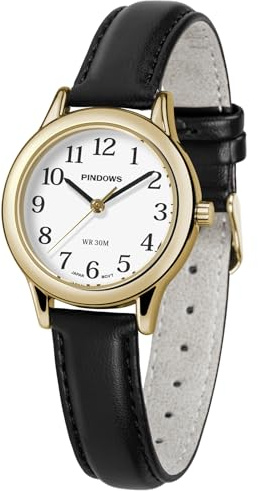 PINDOWS Slim Minimalist Quartz Analog Watch for Women, Gold-Tone Case with Black Leather Strap, Fashionable, Elegant Everyday Dress Wristwatch