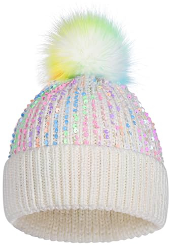 KDVOG Kids Winter Knit Hat with Pompom - Sparkly Sequin & Pearl Rhinestone Beanie, Soft Warm Ski Cap for Boys & Girls Ages 3-14(Sequin-White,3-8 Y)