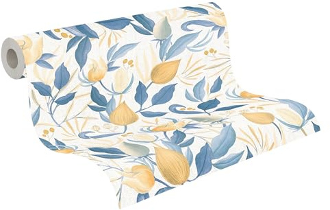 livingwalls carta da parati TNT con motivo di fiori e foglie in bianco, blu e giallo – Carta da parati floreale 10,05 m x 0,53 m di COSMOPOLITAN – 790626