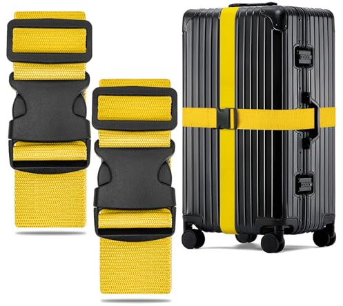WISYOK Luggage Straps Extended, 2 Pack, 130-250cm Adjustable, Yellow | Case Strap for Suitcase, Luggage Belt with Quick Release Buckle, Suitcase Identifier for Travel, Flight, Vacation, Trip