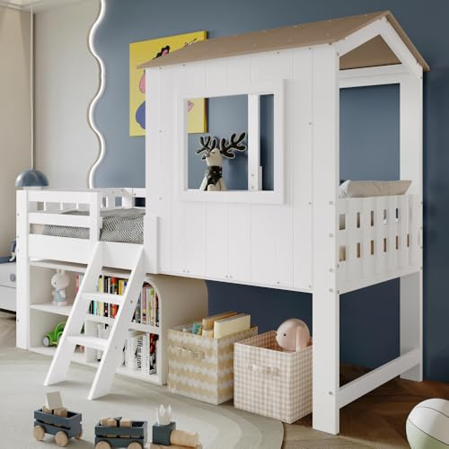 Sairedel Barnsäng – halvhög säng med tak och fönster – gratis förvaringsutrymme under sängen, tall + MDF + plywood, vit + natur, 90 x 200 cm