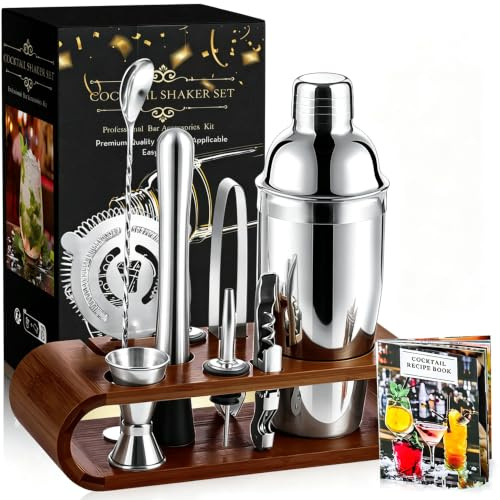 IZDEEL Cocktailshakerset Cocktailset 10 Delar i Rostfritt Stål – Shaker 750 ml med Hällare, Sil, Barsked, Mått, Mortelstöt, Cocktailkniv och Träställ