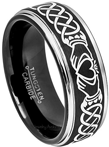 Mens Celtic Claddagh Tungsten Ring -8mm Brushed Finish Black IP & Gunmetal Stepped Edge Comfort Fit Tungsten Carbide Wedding Band - #670s14