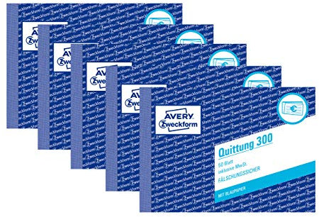 AVERY Zweckform 300 Quittung inkl. MwSt. (A6 quer, mit 1 Blatt Blaupapier, 50 Blatt) (5 Stück, Weiß)