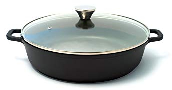 Baumalu, Mijoteuse Basse 32 cm en Fonte d'Aluminium Noir, Intérieur Anti-Adhérent Whitford Xylan Plus, Couvercle en Verre avec Bouton Inox, Compatible Tous Feux y compris Induction