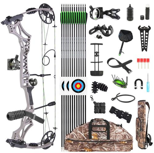 SHARROW Bogenschießen Compound Bogen und Pfeil Set 30-70lbs Einstellbare Jagdbogen Jagdbogen Erwachsene Compoundbogenset IBO 320fps für Outdoor-Schießen (Grau)