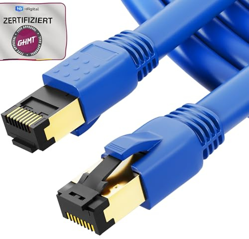 hb-digital 5m Patchkabel CAT 8.1 LAN nätverkskabel S/FTP PIMF 2xRJ45 Plug koppar LSZH Halogenfri RoHS-kompatibel 40 Gbits Ethernet Port 2000 MHz Internet DSL, PC, Router, Switch, Modem, TV blå