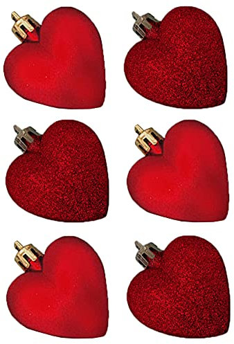 6 Pack 50mm Glitter/Plain Hearts Christmas Decoration - Red 8414