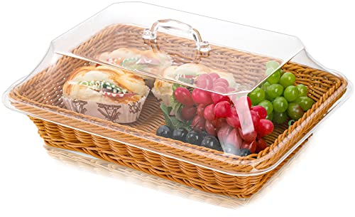 DEAYOU Imitation Rattan Bread Basket with Lid, Woven Tabletop Food Serving Basket, Poly-Wicker Fruit Basket for Vegetable, Restaurant, Display, Kitchen, Party, Rectangle, 13.8 L x 9.8 W