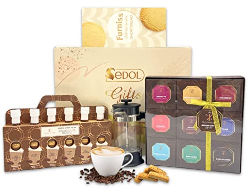 Luxury Coffee Gift Set with 6 Coffee Syrups, French Press & Shortbread – Flavoured Ground Coffee Hamper for Dad – Father’s Day Gift Box, Birthday or Thank You Present for Him – Medium-Dark Roast