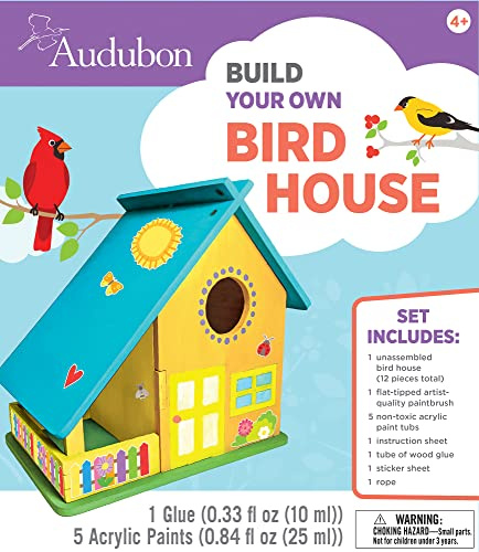 Works of Ahhh... Audubon Bird House Kit - Buildable Wood Paint Set for Kids - Complete Craft Kit with Paint & Sequins - Unisex, All Ages