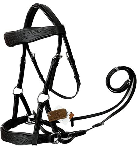 AMAZING HORSE STUFF Sidepull Bitless Bridle with Designer Hand Carving On Brow & Noseband Curved Shaped Black (Full, Cob, Pony) (Cob)