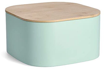 Zeller 25384 Brotkasten m. Bambusdeckel, Metall, mint, ca. 26,5 x 26,5 x 14,5 cm Brotbehälter für längere Frische, Brotaufbewahrung, Aufbewahrungsbox