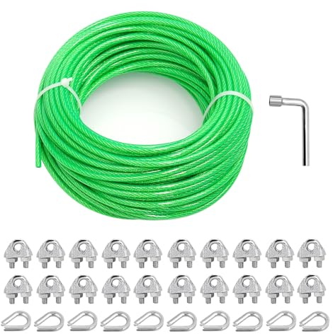 hannger 5MM Wire Rope, 30M PVC Coated Wire Cable Metal Steel Cable Trellis Kit, Multi-use Clothes Line Cable for T Post/Climbing Grapevines Plants Outdoor/String Light Hanging Kit