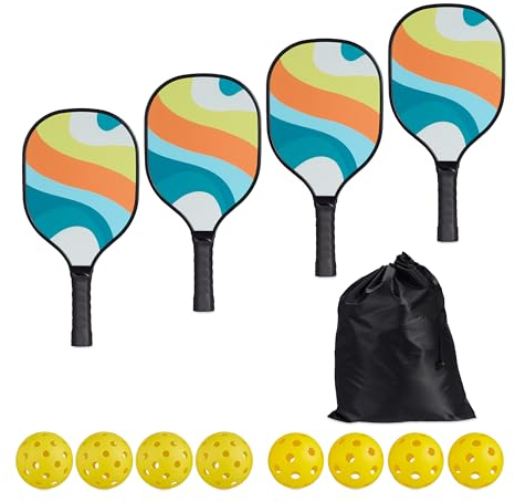 Relaxdays Pickleball Set, 4 Schläger & 8 Bälle, Ballspiel USA, Anfänger & Profis, Paddles mit Beutel, Holz, Mehrfarbig