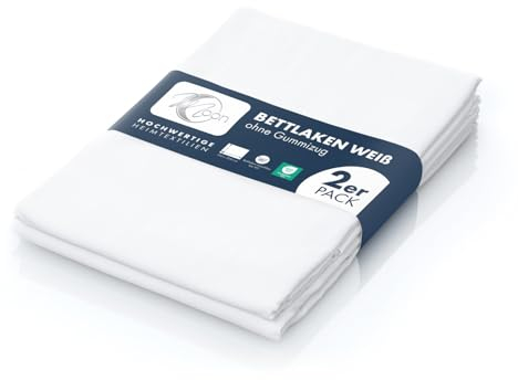 Moon - Angebot!! 2er Pack Haustuch, Bettlaken, Betttuch - ca. 150x250 cm für 100x200 cm Matratze ohne Gummizug - waschbar bei 95° (weiß)