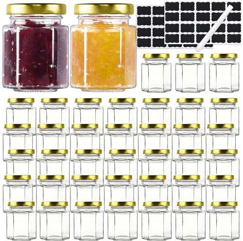 Absovetu Confezione da 40 piccoli barattoli in vetro con coperchio in metallo ed etichette, 100 ml, riutilizzabili, mini barattoli per marmellata con coperchio, piccoli barattoli esagonali per miele