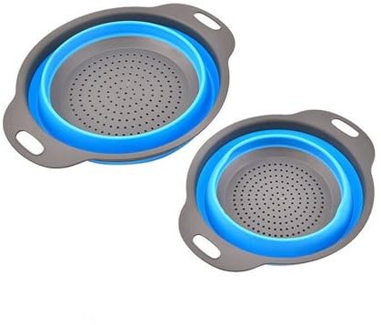 Surwin 2PC Colador de Cocina Plegable de Silicona, Portátil Escurridor Para Pasta, Frutas y Verduras (2 Piezas, Azul)