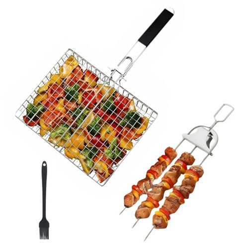 Grill Basket Stainless Steel with Portable Removable Handle BBQ Grilling Basket for Steak Burger Fish Meat Shrimp Vegetables Grill Vegetable Basket Dishwasher Safe（grilling accessories）