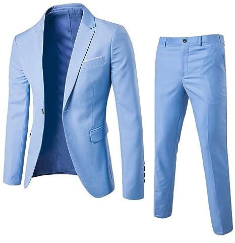 YOSUWOAI Costume 2 pièces pour homme, coupe ajustée, formel, pour mariage, affaires, travail, loisirs, veste élégante et pantalon de costume, costume de mariage, coupe droite, O bleu clair, M