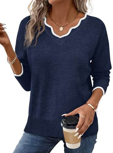 V Neck Sweaters for Women Pullover Cozy Lightweight Sweaters for Women Trendy Fall Knit Sweater Top Navy Blue 2XL