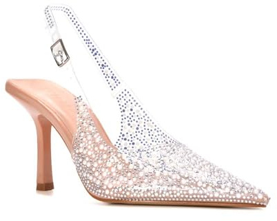 Women's Clear Perspex Court Shoes Ladies Nude Pointed Toe Buckle Pearl Jewel Party Sandals Size 6