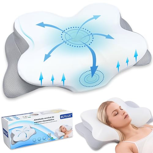 BUYLUX® Almohada Cervicales y Cuello Ergonómica 2en1 Premium | Almohada Viscoelastica Cervical Antironquidos para Dormir de Lado o Boca Arriba para Viaje | Pillow para Dolor de Cuello y Dormir Mejor