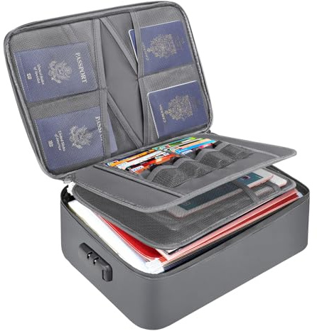 Tamfile Fireproof Document Box, 14.2''×10.6''×4'' Waterproof Document Organiser Bag with Lock, Portable File Storage Box for Passports, Certificates, Important Documents and Valuables, Dark Gray