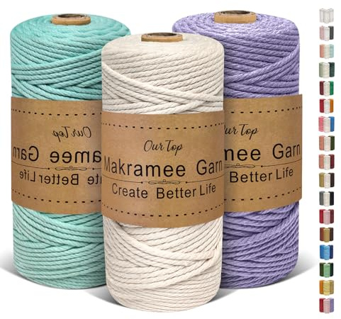 OurTop Premium makramégarn, set om 3, 3 mm x 100 m, makramésnöre, makramérep, garn för gör-det-själv-hantverk, vävning, dekoration, hängande växtväxt hängare (natur, vattenblå, lila)