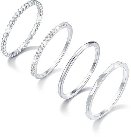 Sterling Silver Stacking Rings for Women Girls 14K Gold Plated Ring Non Tarnish Thin Trendy Stackable Dainty Cubic Zirconia Finger Pinky Thumb Wedding Band Rings Set Jewellery Gifts