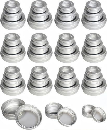 LJY 48 Pack Round Silver Metal Tins with Clear Window and Screw Lids, Mixed Sizes (0.5oz, 1oz, 2oz) - Aluminium Containers for Solid Lip Balm, Candle Making, Beads and Workshop Screw Storage