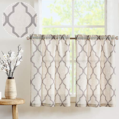 TOPICK Lot de 2 Rideau Cuisine Imprimé Marocain Rideau Lin Gris Clair avec Motif Losange Filtrage de la Lumière Rideaux Brise-bise Court Terrasse Petite Fenêtre Placard 65 x 90cm (L x H)