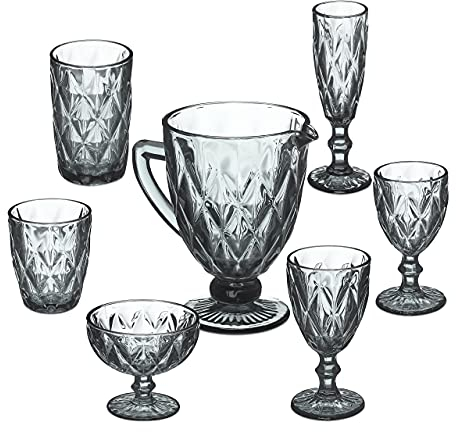 relaxdays Lot de 7 verres, cruche, bol à glace, 2 gobelets à eau et vin, coupes adaptés pour le lave-vaisselle, gris