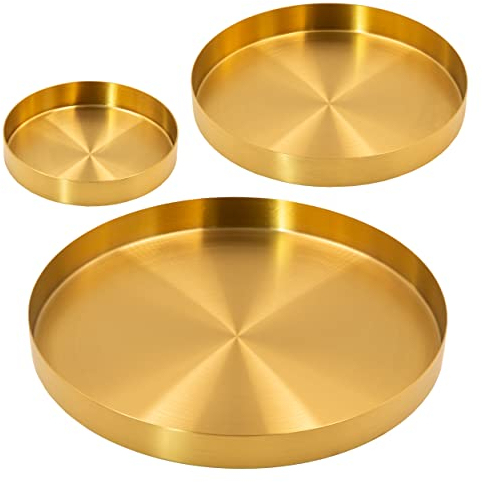 Blümelhuber 3 Deko Tablett Rund - Set 3 Stück - Groß - Gold Metall - Hochzeitsdeko - Weihnachtsdeko