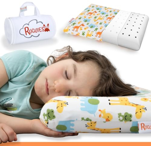 RUGUIES- Almohada para Niños de Viscoelástica, Hipoalergénica y Transpirable- Cojín Infantil-Funda Lavable de Algodón 100%-Oeko-Tex- 1 a 10 años XL (58x32x 5-7cm)- Bolsa Viaje Incluída.