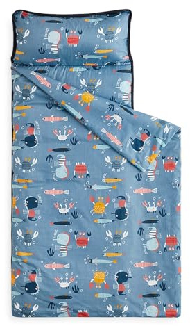 Wake In Cloud - Toddler Nap Mat with Pillow and Blanket, 100% Cotton Fabric, for Kids Boys Girls in Daycare Kindergarten Preschool, Roll Up Sleeping Bag, Blue Sea World, Standard