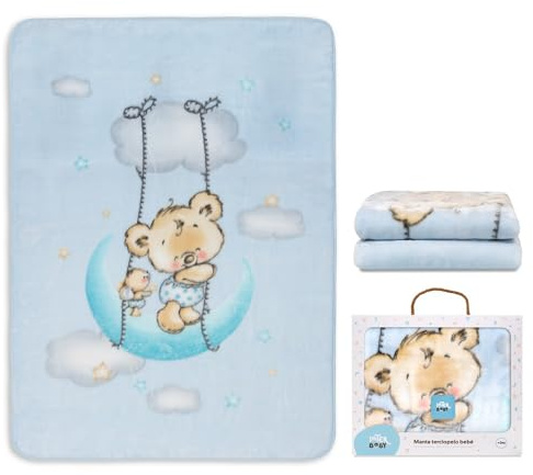 Interbaby barnfilt – babyfilt vinter för vagga Osito Nube blau – 110 x 140 cm – gosig filt fluffig mjuk filt baby för barnsäng