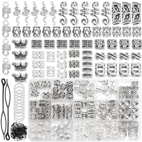 NAISKA Vikings Hair Jewelry for Braids 231Pcs Norse Runes Tube Beads Loc Dreadlock Accessories Metal Clips Cuff Rings Locs Jewelry Braiding Beard Decoration for Women and Girls