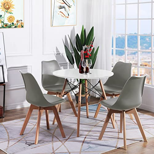 LafeuR Runt matbord med 4 stolar, matsalsgrupper, matgrupper för 4 personer, set om 4 matstolar med bord för vardagsrum, kök, kontor (vitt bord + 4 grå stolar)