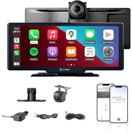 Carple 10,26 Kabelloses CarPlay & Android Auto Display 1920x720 HD Tragbares Autoradio mit 4K Dashcam & 1080P Rückfahrkamera - Bildschirmspiegelung, Sprachsteuerung GPS Navigation, Bluetooth, 64GB SD
