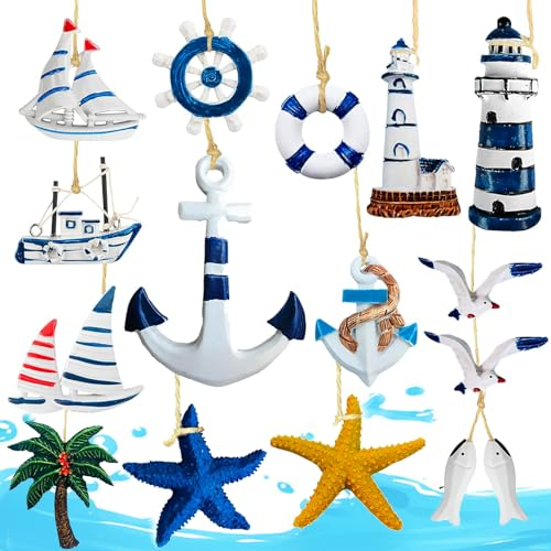 Dtoterul 15 Pièces Ornements de Mur Côtiers de Plage, Décoration Nautique Pendentif Maritime, Décoration Murale Nautique, Ornement Méditerranéen Marine Étoile de Mer/Phare/Ancre/Bateau/Anneau De Bain