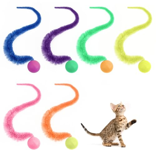 6 Pezzi Palline Oscillanti per Gatti - Palla a Coda Lunga Rimbalzante con Code per Inseguire e Saltare Su, Verme Giocattolo