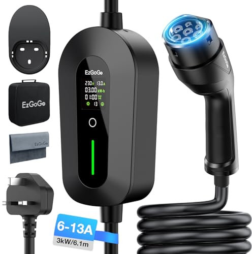 EzGoGo EV Charger Cable Type 2 to 3 Pin Plug 20Ft/6.1M Electric Car Charger 3kW, [6/8/10/13A] Type 2 Charging Cable 3 Pin EV Charger IP65 Advanced Protection Suitable for EVs & PHEVs