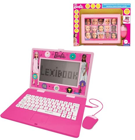 LEXIBOOK, Barbie, Portátil Bilingüe y Educativo ESPAÑOL/INGLÉS, Juguete para Niños, 170 Actividades para Aprender, Jugar y Música, Pantalla Grande, Rosa, JC599BBi2