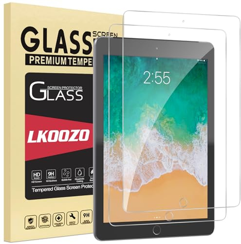 LKOOZO Lot de 2 Protection Écran pour iPad 9,7 (Modèle 2018/2017, 6ème/5ème Génération), iPad Air 2 / Air 1 et iPad Pro 9,7 Pouces Verre Trempé avec HD Clair Transparent, Dureté 9H