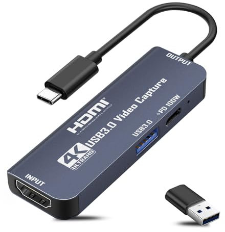 USB 3.0 Video Capture Card with 100W Power Supply & 3.0 Port,4K HDMI to USB C/USB A Capture Card, for Live Streaming, Gaming, Video Audio Recorder, 1080p 60hz Grabber Compatible with Camera