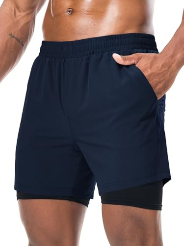 Danfiki löparshorts för män, 2 i 1 gym, sport, träning, andningsbara, utomhusträningsshorts med fickor, Marinblått Xsp, M